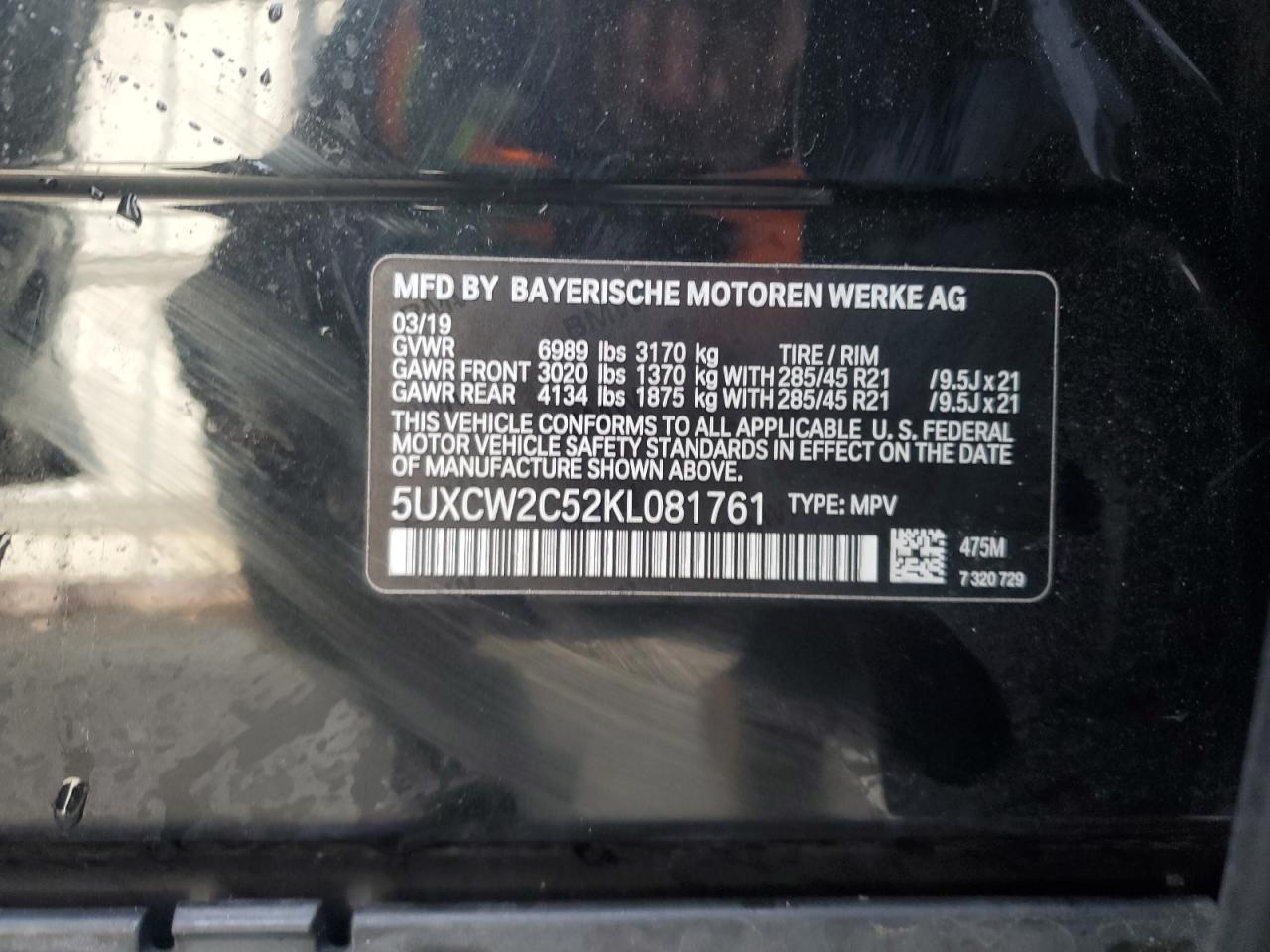 2019 BMW X7 VIN 5UXCW2C52KL081761 Copart auction photo, front end / rear end damage thumbnail 13