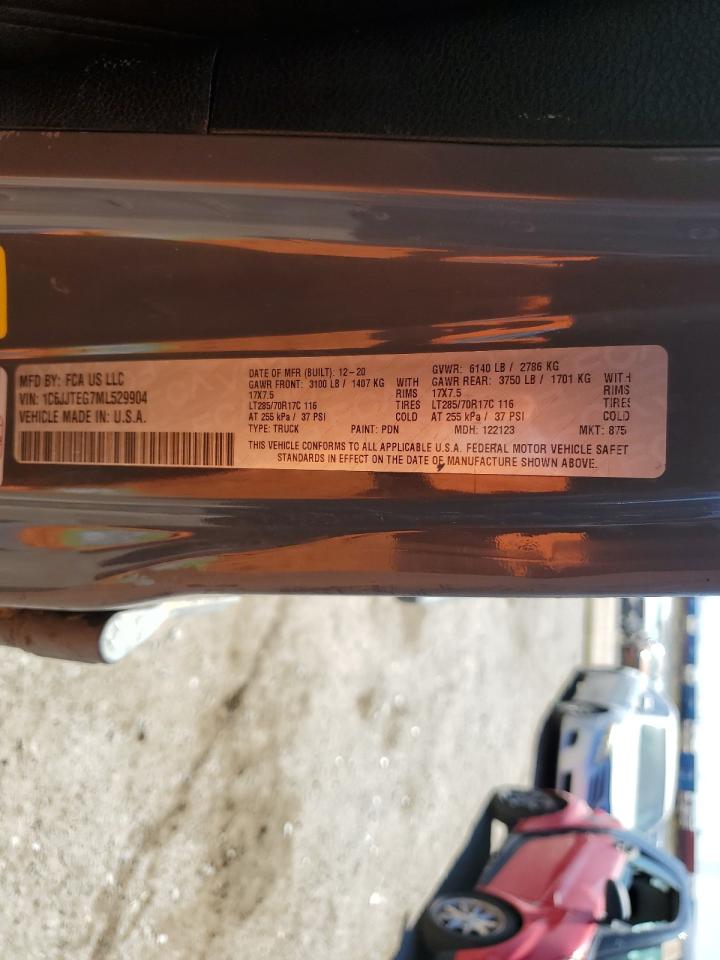 2021 Jeep Gladiator VIN 1C6JJTEG7ML529904 Copart auction photo, vandalism / rear end damage thumbnail 12