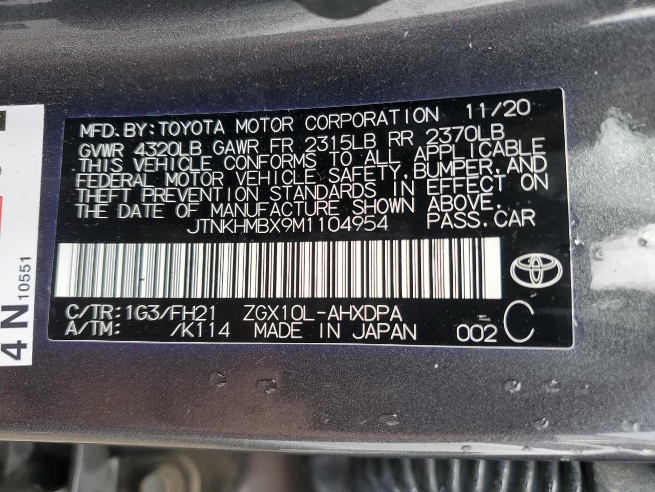 2021 Toyota C-HR VIN JTNKHMBX9M1104954 Copart auction photo, front end damage thumbnail 12