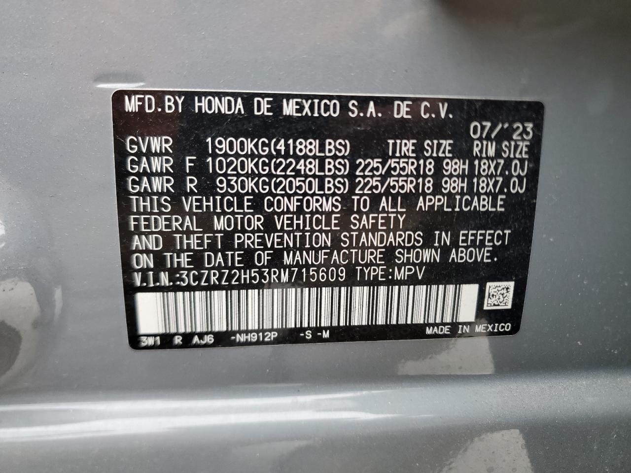 2024 Honda HR-V VIN 3CZRZ2H53RM715609 Copart auction photo, front end / rear end damage thumbnail 13