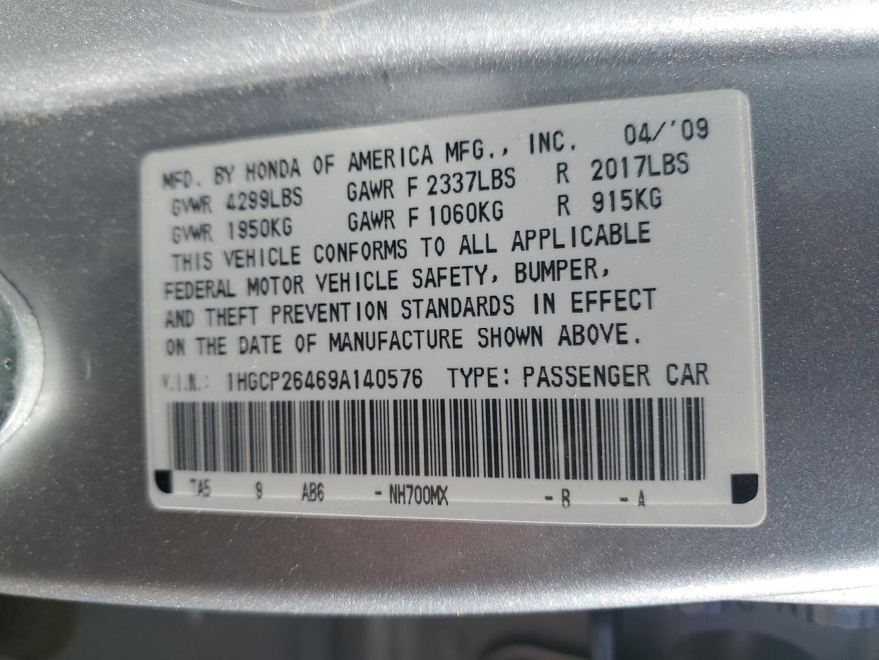 2009 Honda Accord VIN 1HGCP26469A140576 Copart auction photo, front end damage thumbnail 13