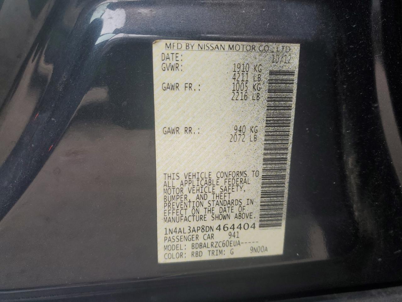 2013 Nissan Altima VIN 1N4AL3AP8DN464404 Copart auction photo, side damage thumbnail 12