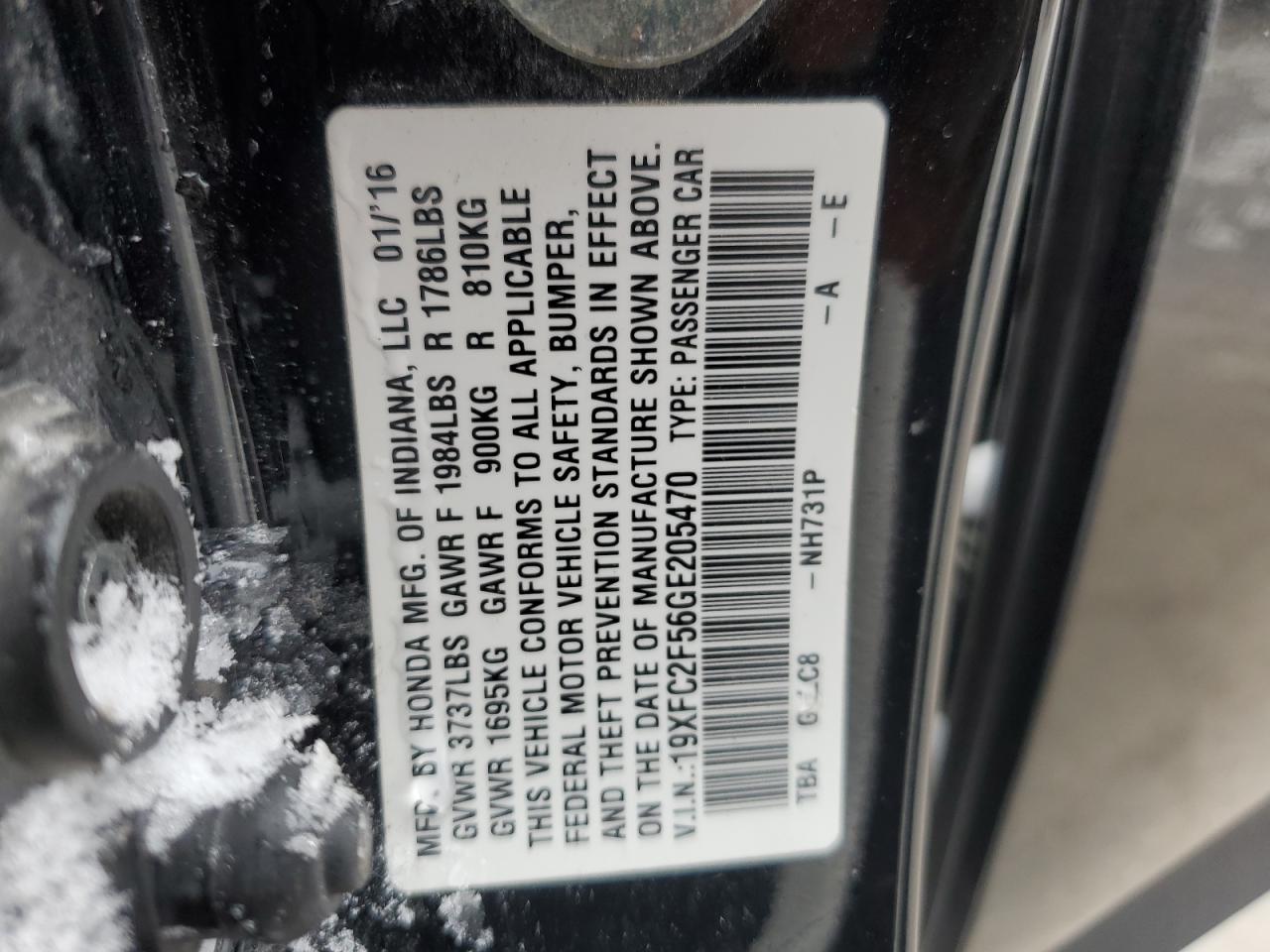 2016 Honda Civic VIN 19XFC2F56GE205470 Copart auction photo, front end / side damage thumbnail 13
