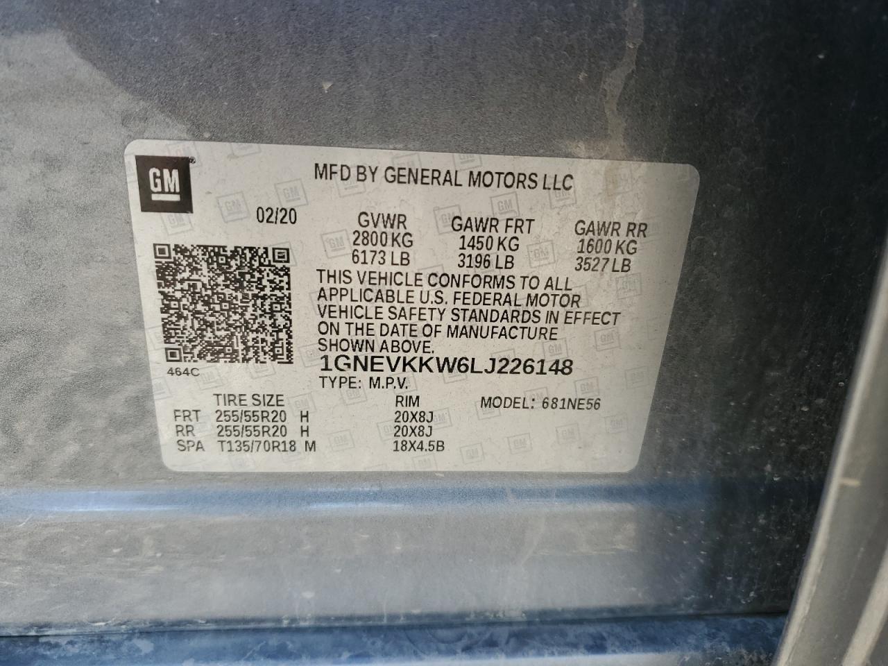 2020 Chevrolet Traverse VIN 1GNEVKKW6LJ226148 Copart auction photo, front end / minor dent/scratches damage thumbnail 15