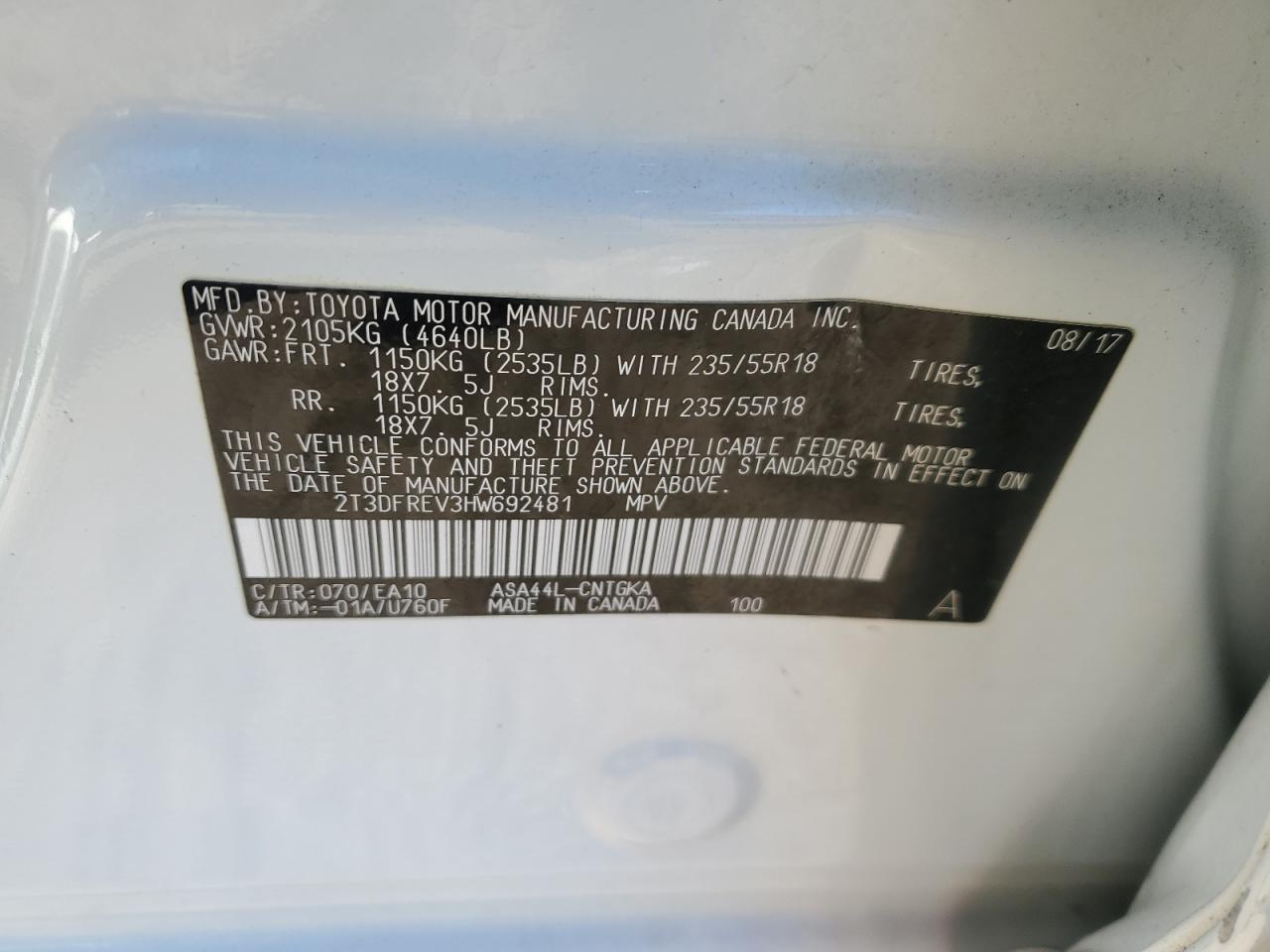 2017 Toyota RAV 4 VIN 2T3DFREV3HW692481 Copart auction photo, all over damage thumbnail 15