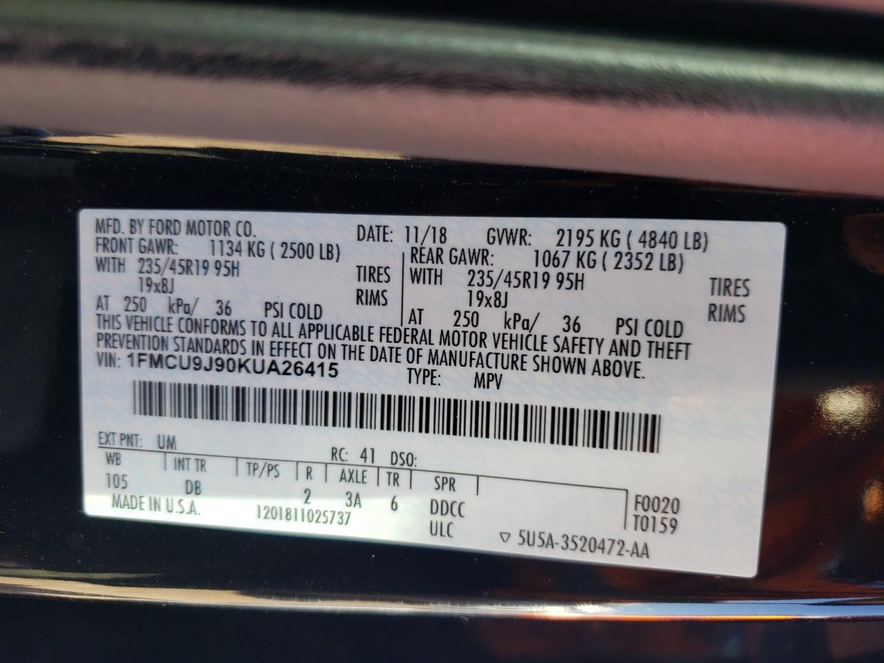 2019 Ford Escape VIN 1FMCU9J90KUA26415 Copart auction photo, front end damage thumbnail 12