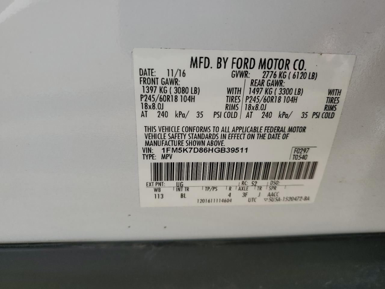 2017 Ford Explorer VIN 1FM5K7D86HGB39511 Copart auction photo, rear end damage thumbnail 15