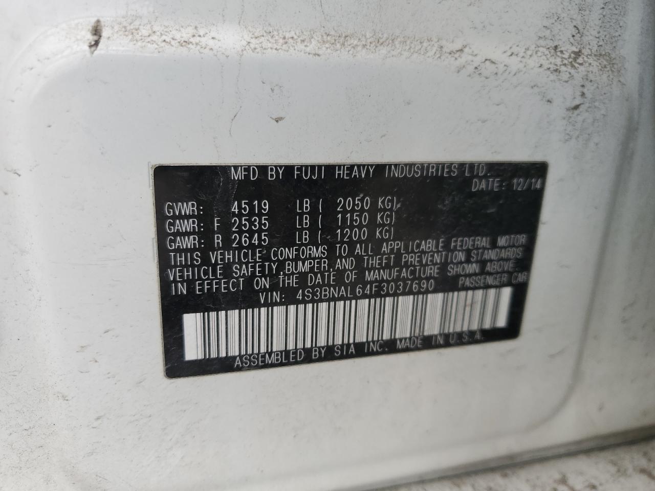2015 Subaru Legacy VIN 4S3BNAL64F3037690 Copart auction photo, rear end damage thumbnail 13