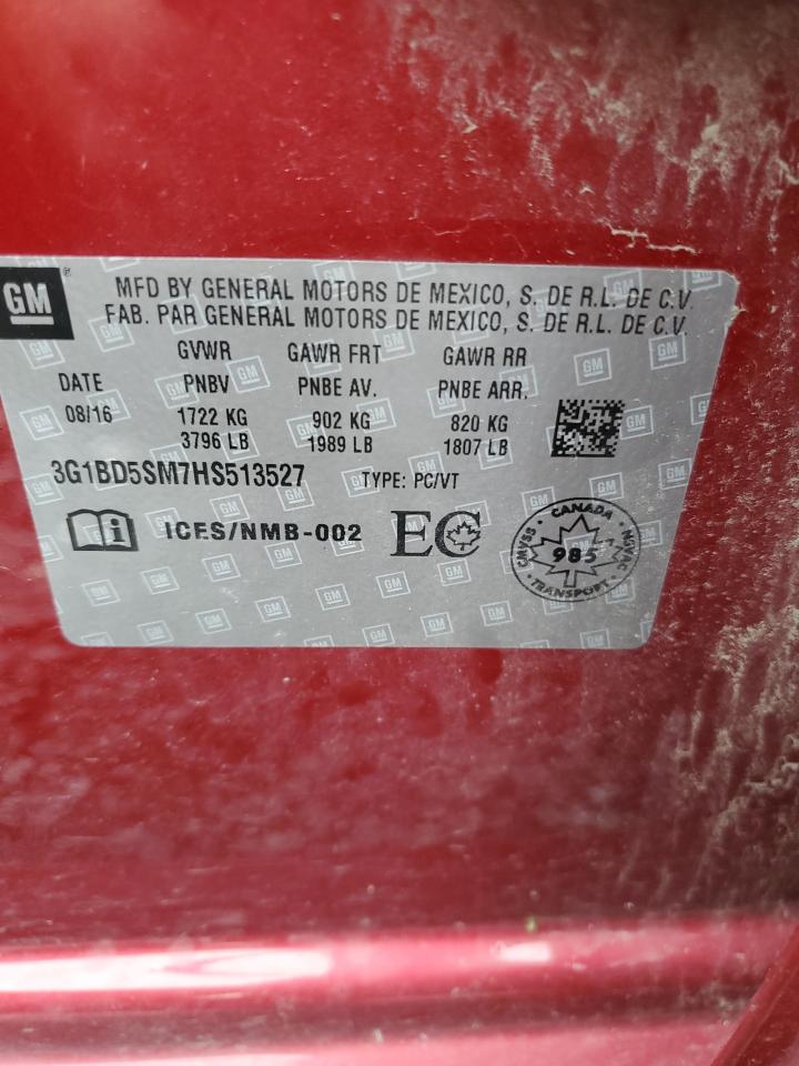 2017 Chevrolet Cruze VIN 3G1BD5SM7HS513527 Copart auction photo, all over damage thumbnail 12