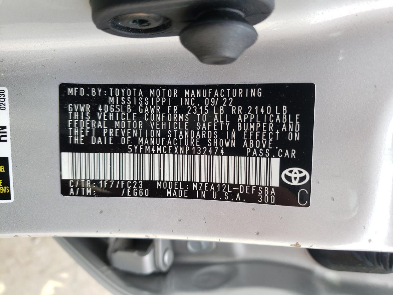 2022 Toyota Corolla VIN 5YFM4MCEXNP132474 Copart auction photo, side / undercarriage damage thumbnail 12