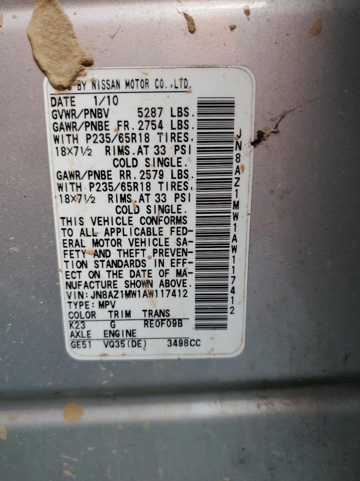 2010 Nissan Murano VIN JN8AZ1MW1AW117412 Copart auction photo, water/flood damage thumbnail 13