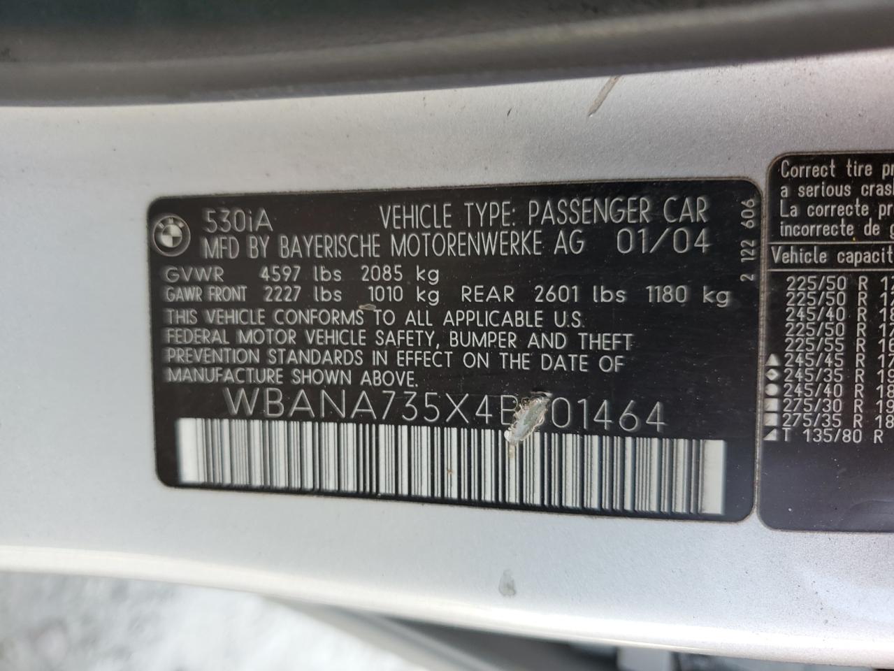 2004 BMW 5er VIN WBANA735X4B801464 Copart auction photo, front end damage thumbnail 14