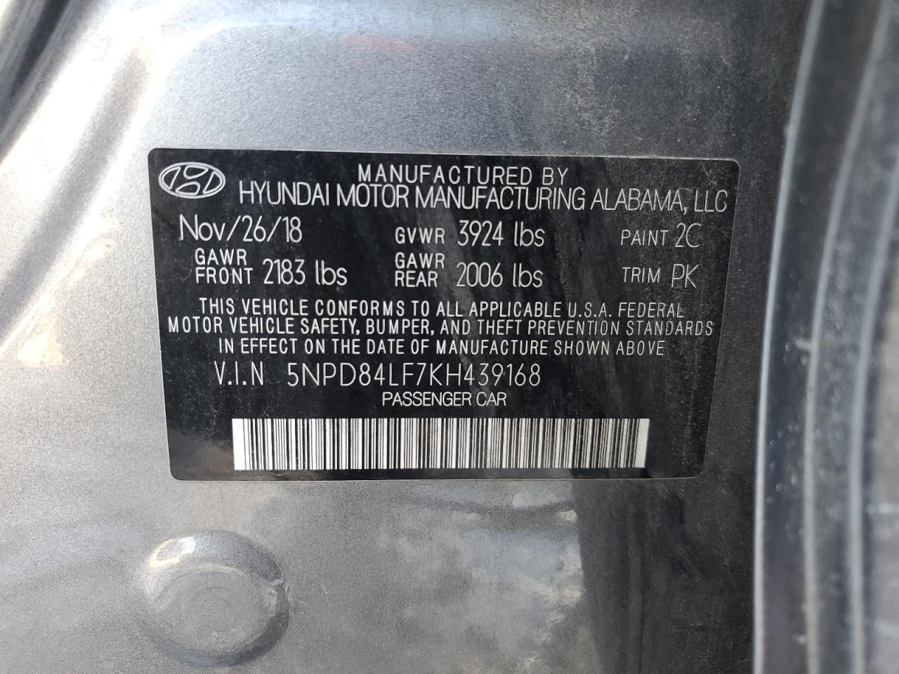 2019 Hyundai Elantra VIN 5NPD84LF7KH439168 Copart auction photo, rear end damage thumbnail 12