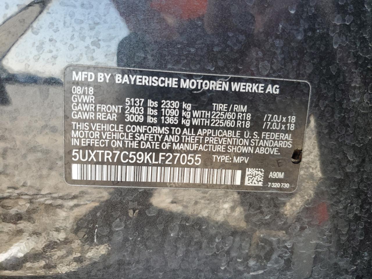 2019 BMW X3 VIN 5UXTR7C59KLF27055 Copart auction photo, front end / side damage thumbnail 13