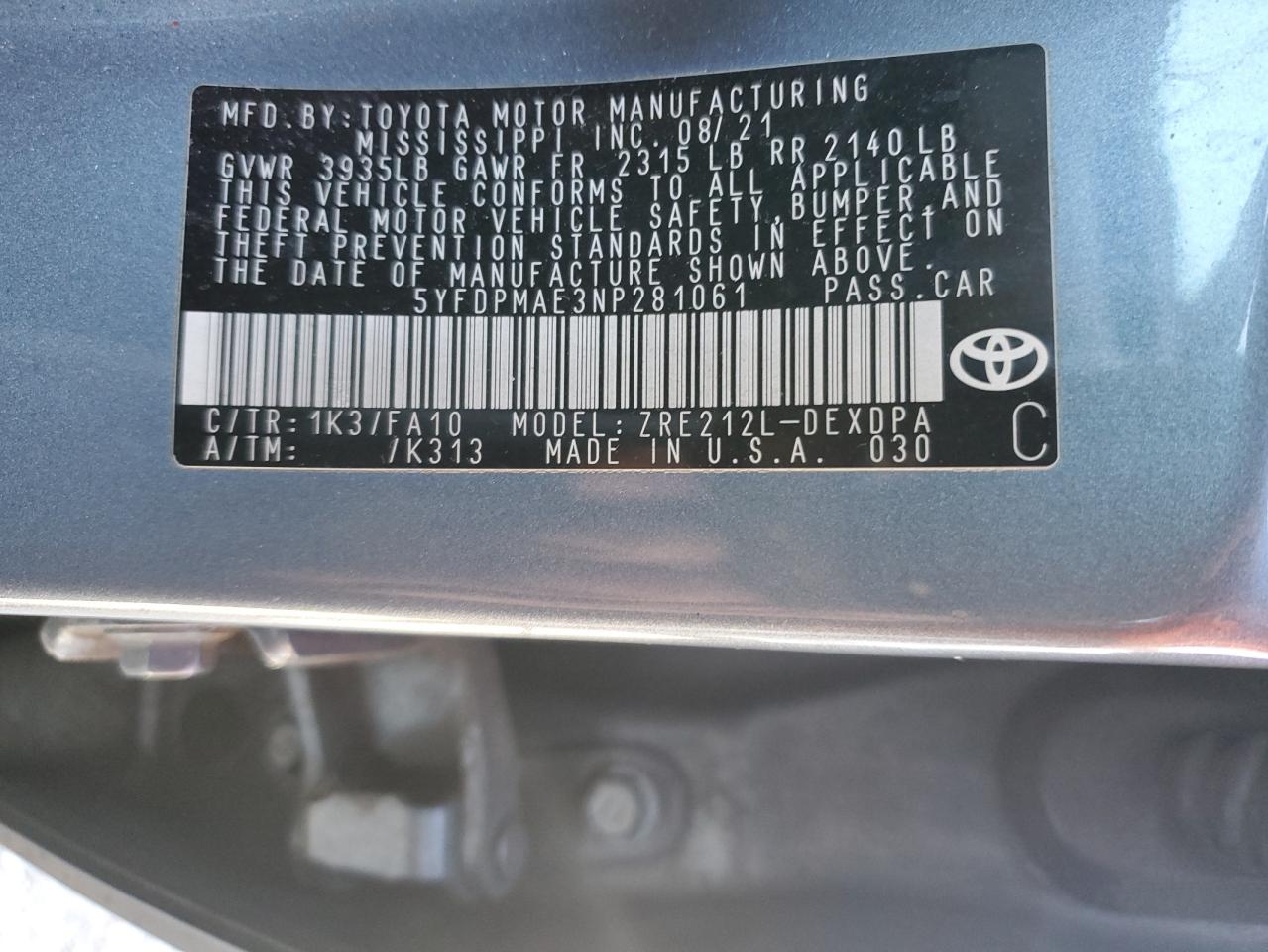 2022 Toyota Corolla VIN 5YFDPMAE3NP281061 Copart auction photo, all over damage thumbnail 12
