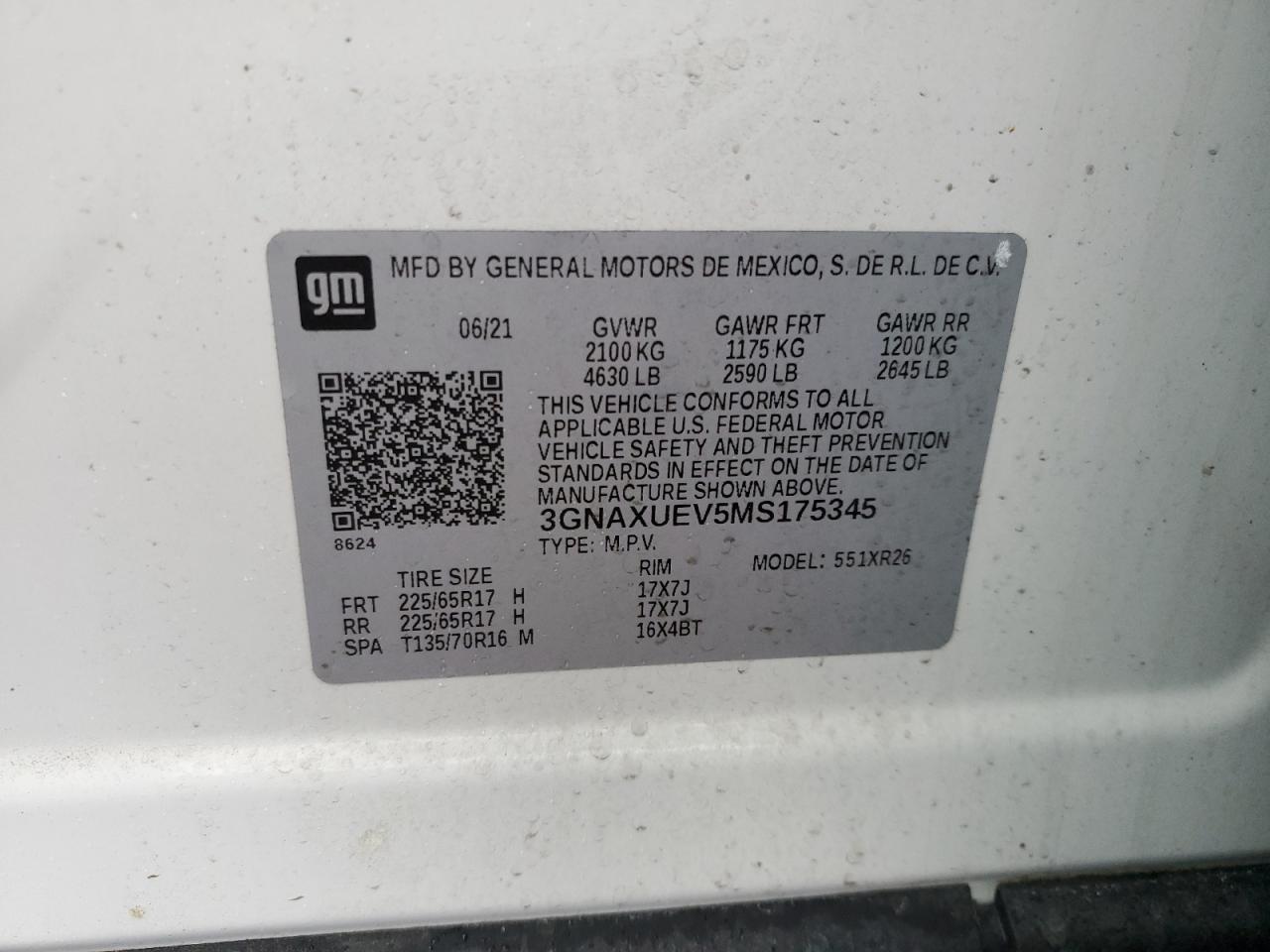 2021 Chevrolet Equinox VIN 3GNAXUEV5MS175345 Copart auction photo, front end / undercarriage damage thumbnail 13