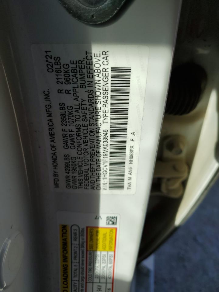 2021 Honda Accord VIN 1HGCV1F19MA038946 Copart auction photo, front end damage thumbnail 12