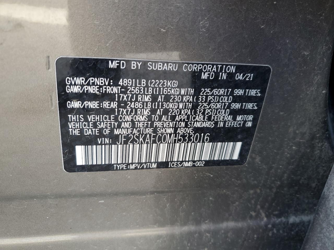 2021 Subaru Forester VIN JF2SKAFC0MH533016 Copart auction photo, rear end / side damage thumbnail 13