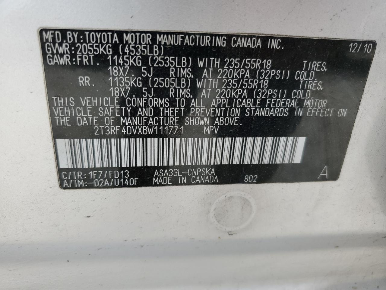 2011 Toyota RAV 4 VIN 2T3RF4DVXBW111771 Copart auction photo, rear end damage thumbnail 14