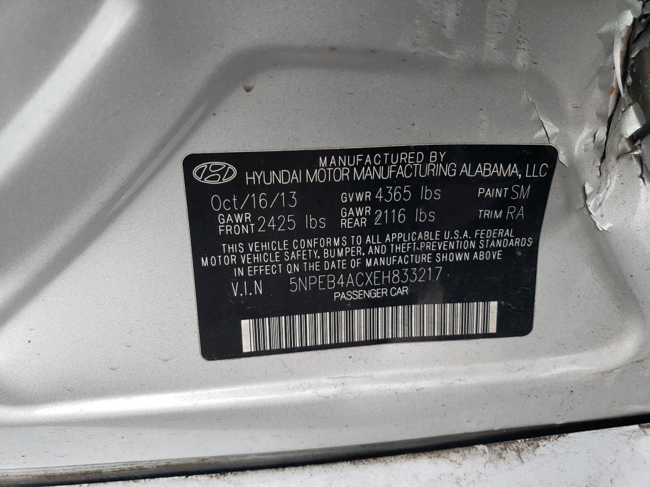 2014 Hyundai Sonata VIN 5NPEB4ACXEH833217 Copart auction photo, side / minor dent/scratches damage thumbnail 14