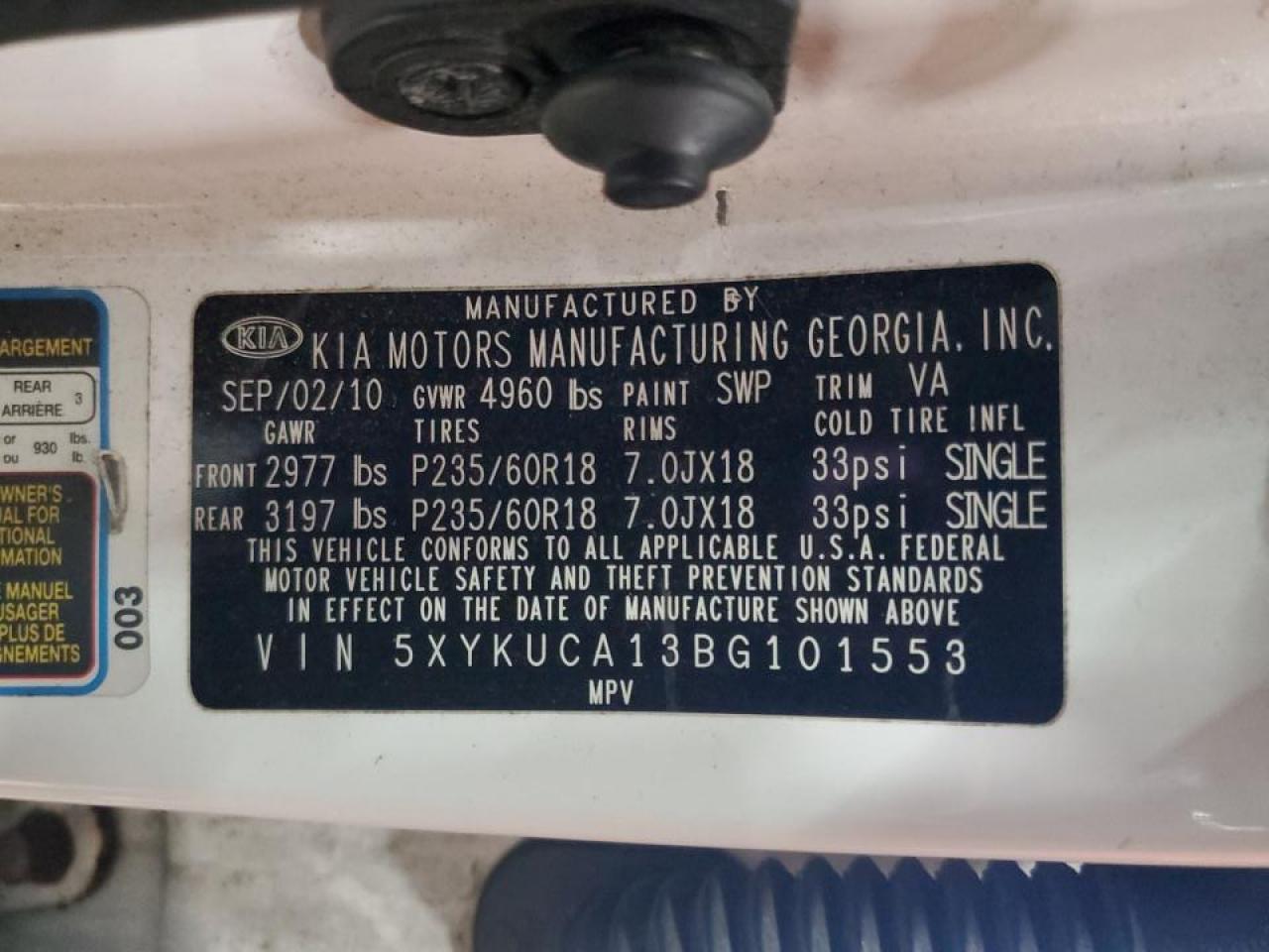 2011 KIA Sorento VIN 5XYKUCA13BG101553 Copart auction photo, mechanical / minor dent/scratches damage thumbnail 13
