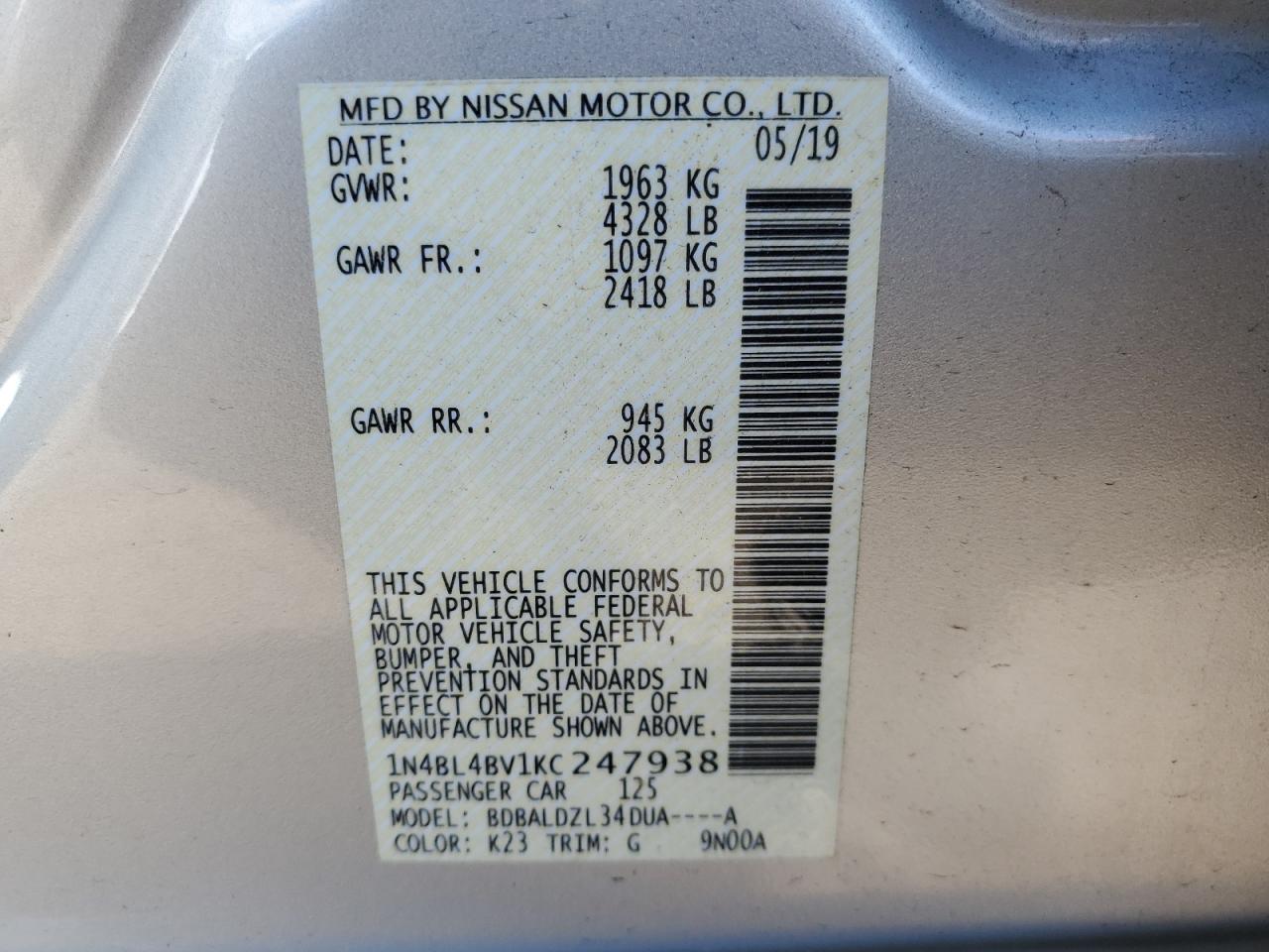 2019 Nissan Altima VIN 1N4BL4BV1KC247938 Copart auction photo, front end / side damage thumbnail 12