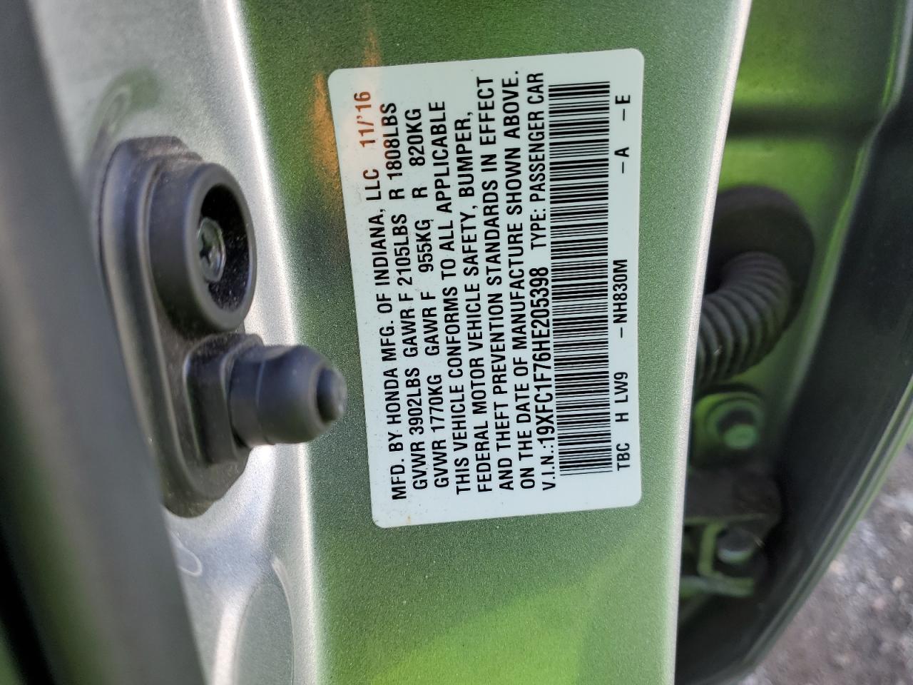 2017 Honda Civic VIN 19XFC1F76HE205398 Copart auction photo, front end damage thumbnail 12