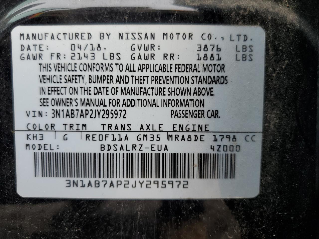 2018 Nissan Sentra VIN 3N1AB7AP2JY295972 Copart auction photo, rear end / front end damage thumbnail 13