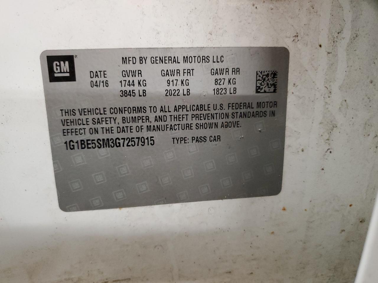 2016 Chevrolet Cruze VIN 1G1BE5SM3G7257915 Copart auction photo, front end damage thumbnail 12