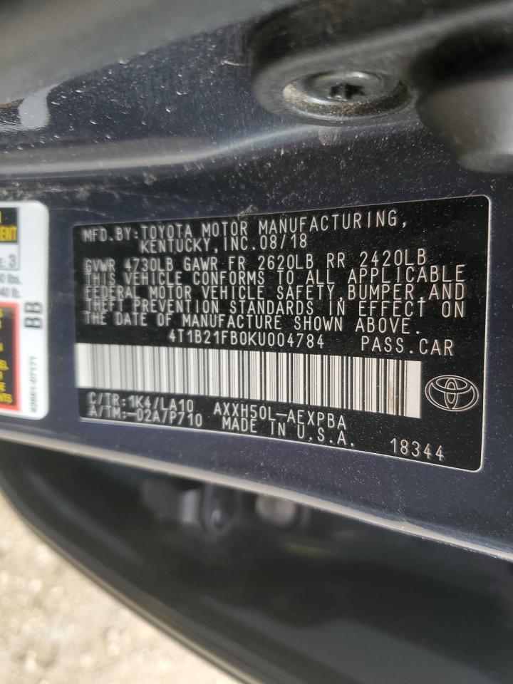 2019 Toyota Avalon VIN 4T1B21FB0KU004784 Copart auction photo, front end / side damage thumbnail 12