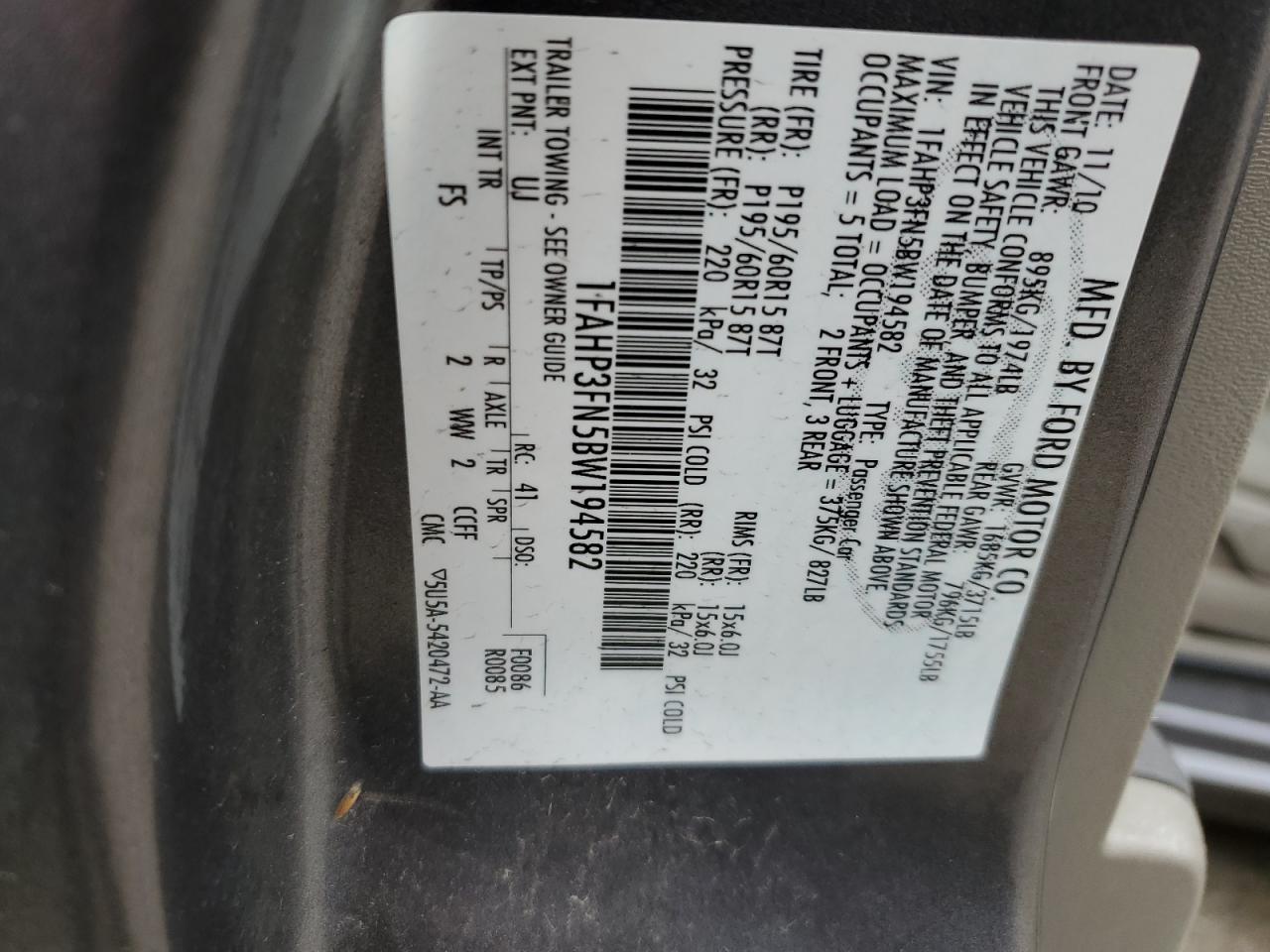 2011 Ford Focus VIN 1FAHP3FN5BW194582 Copart auction photo, side damage thumbnail 12