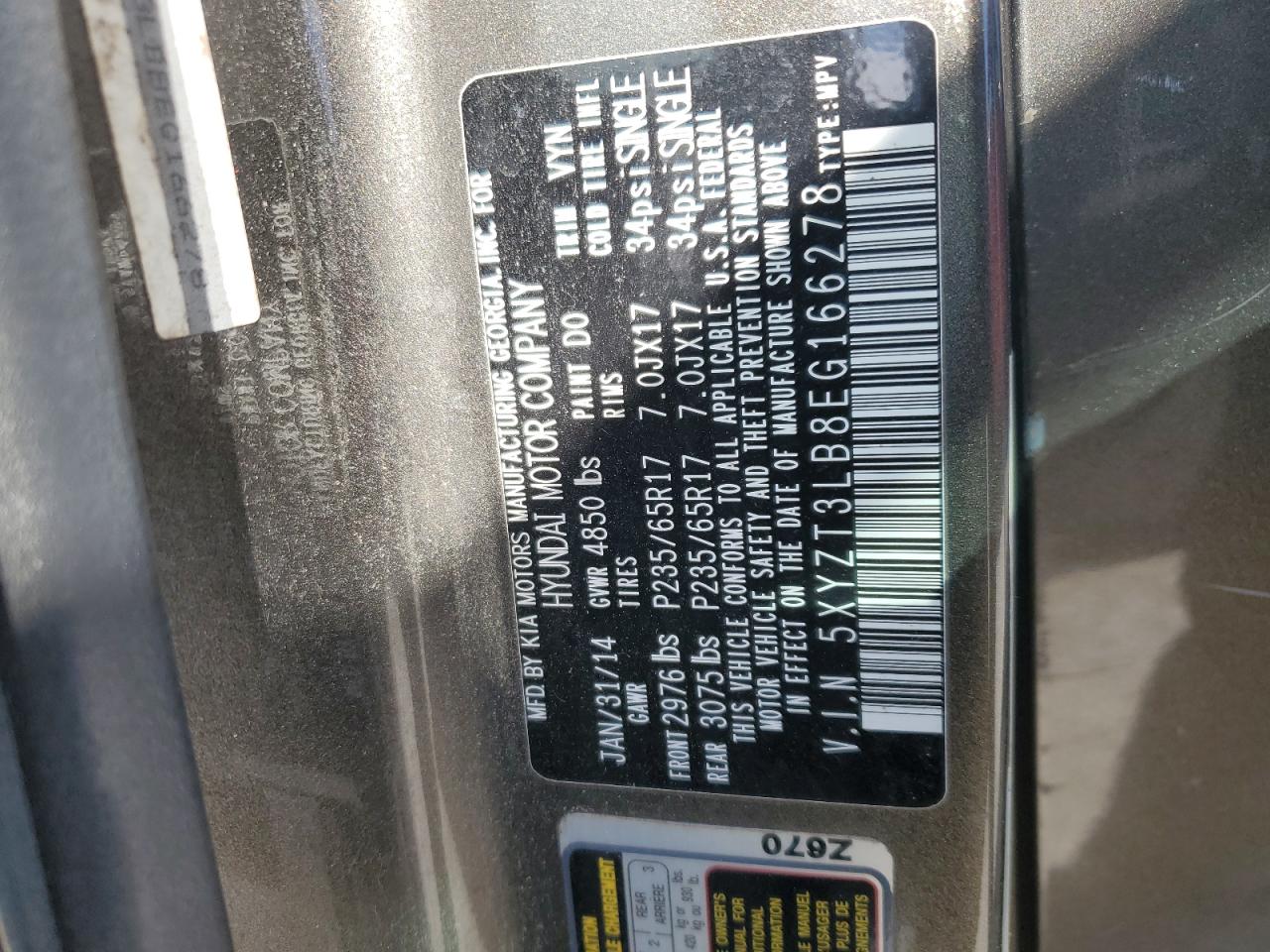 2014 Hyundai Santa Fe VIN 5XYZT3LB8EG166278 Copart auction photo, front end damage thumbnail 13