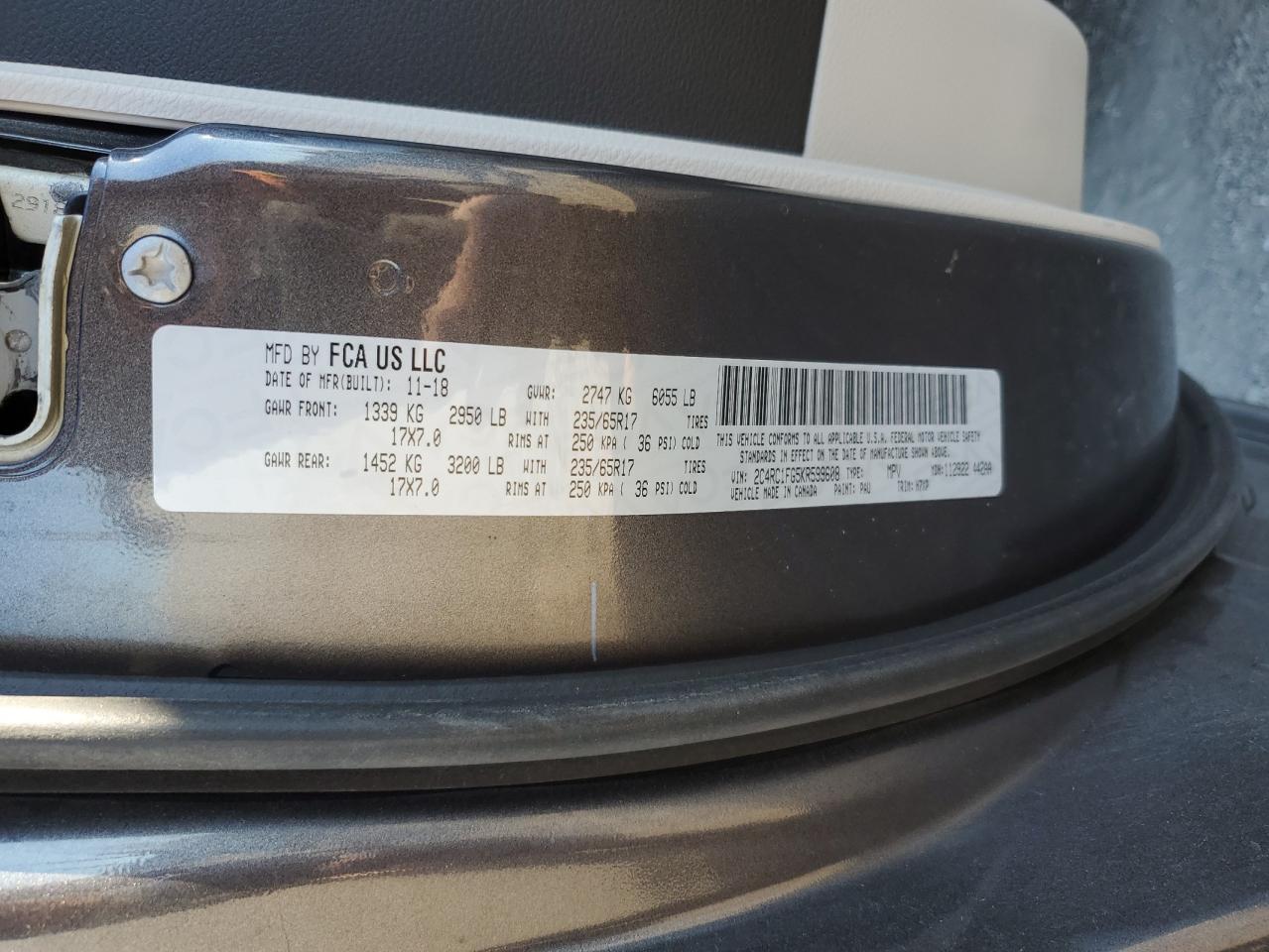 2019 Chrysler Pacifica VIN 2C4RC1FG5KR599608 Copart auction photo, rear end / side damage thumbnail 13