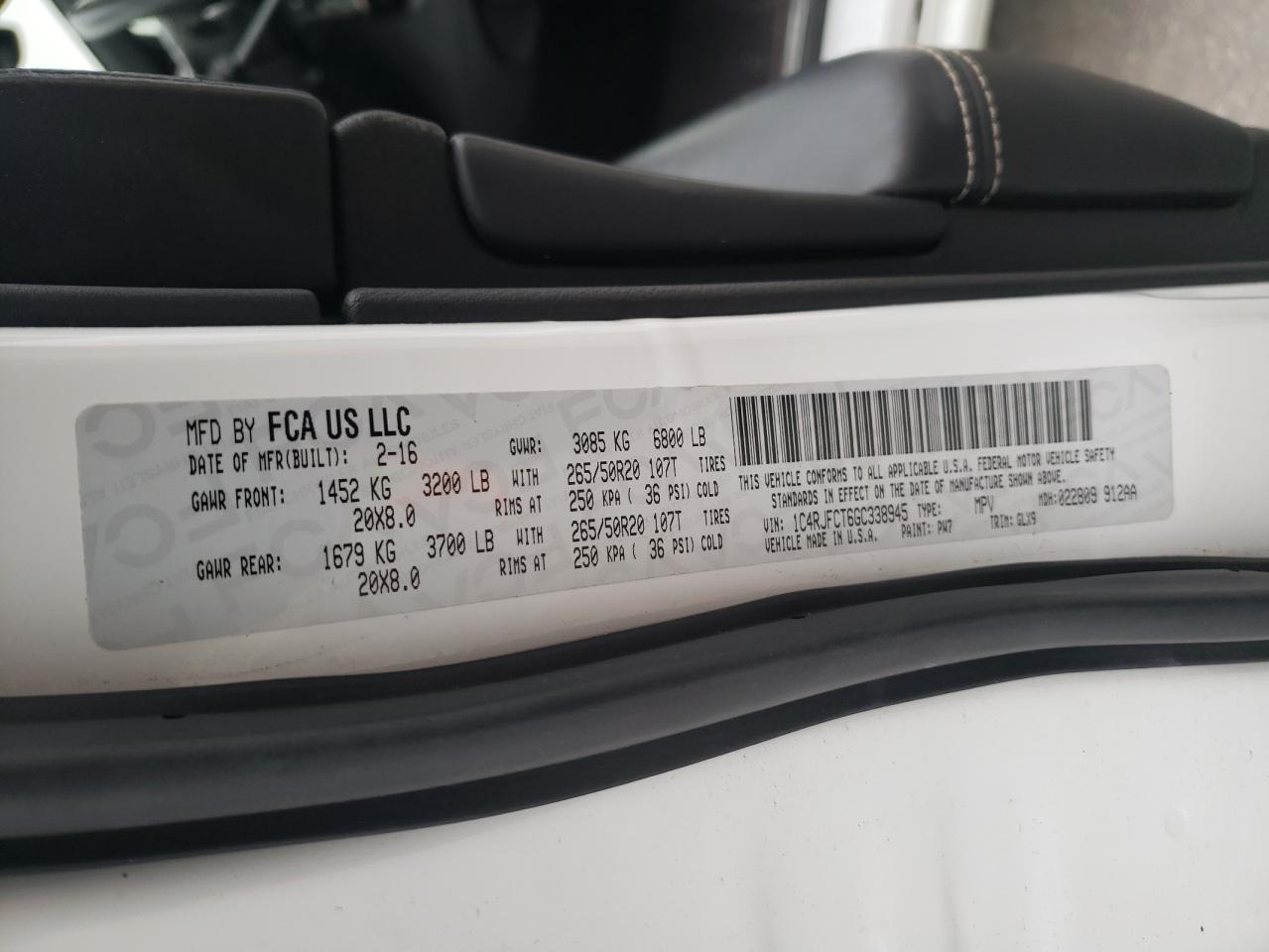 2016 Jeep Grand Cherokee VIN 1C4RJFCT6GC338945 Copart auction photo, front end / frame damage damage thumbnail 15