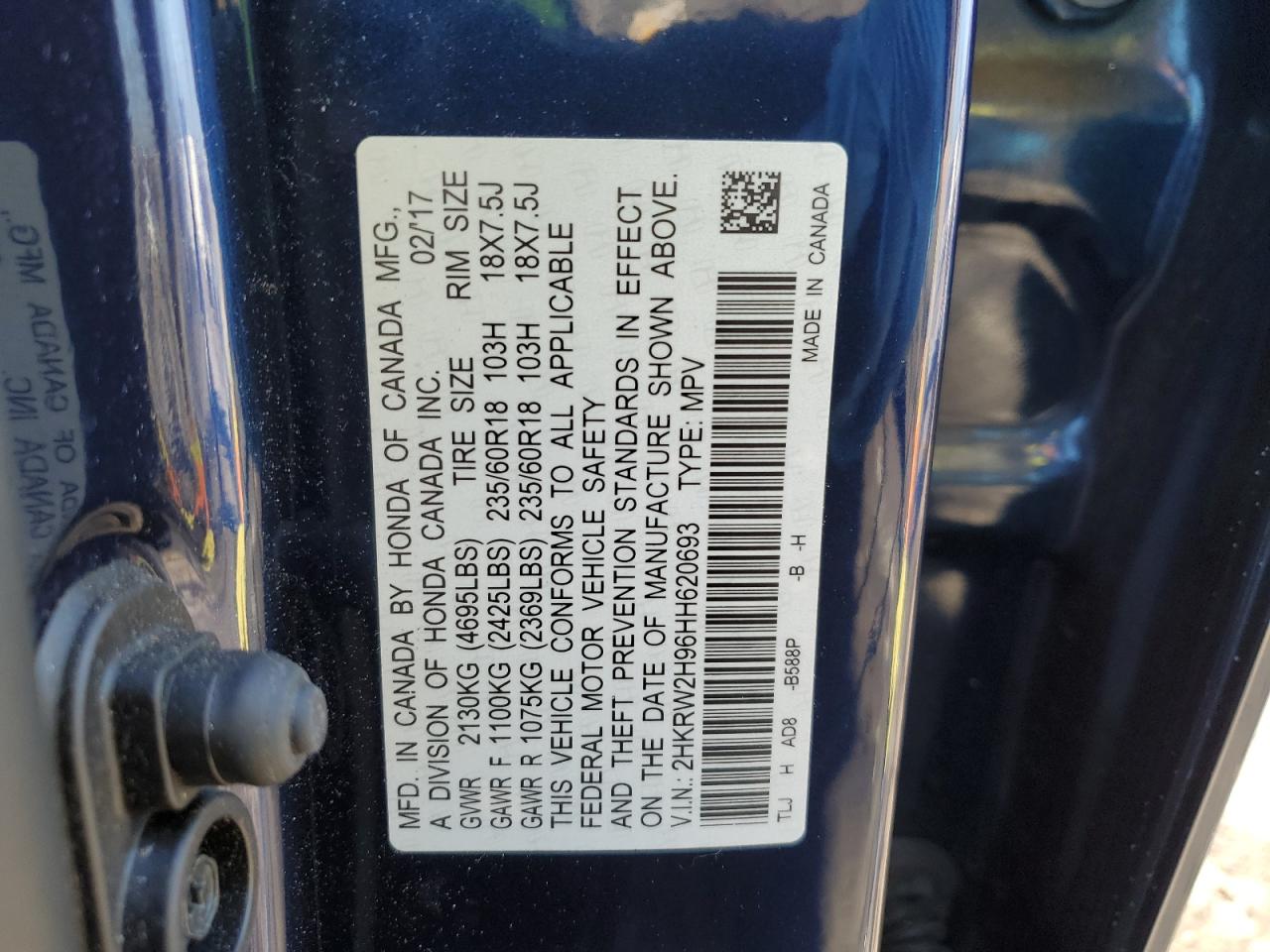 2017 Honda CR-V VIN 2HKRW2H96HH620693 Copart auction photo, front end / minor dent/scratches damage thumbnail 16