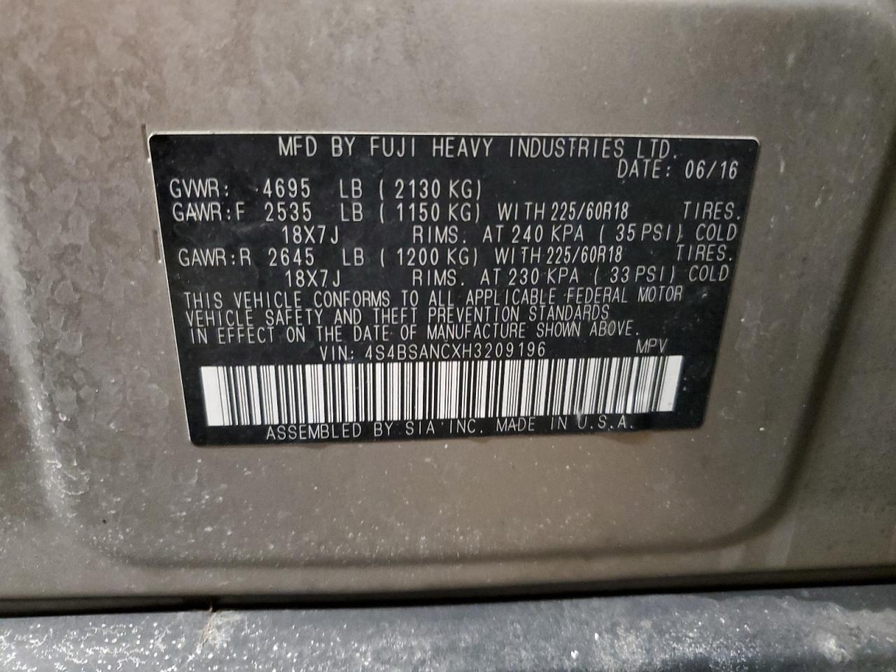 2017 Subaru Outback VIN 4S4BSANCXH3209196 Copart auction photo, front end damage thumbnail 13