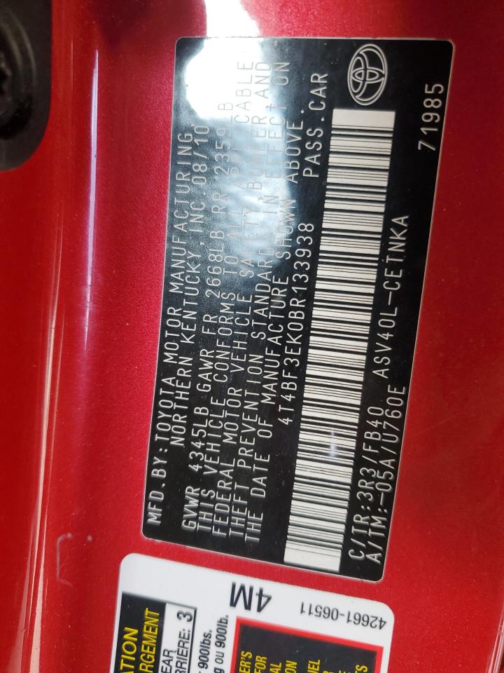 2011 Toyota Camry VIN 4T4BF3EK0BR133938 Copart auction photo, side / minor dent/scratches damage thumbnail 12