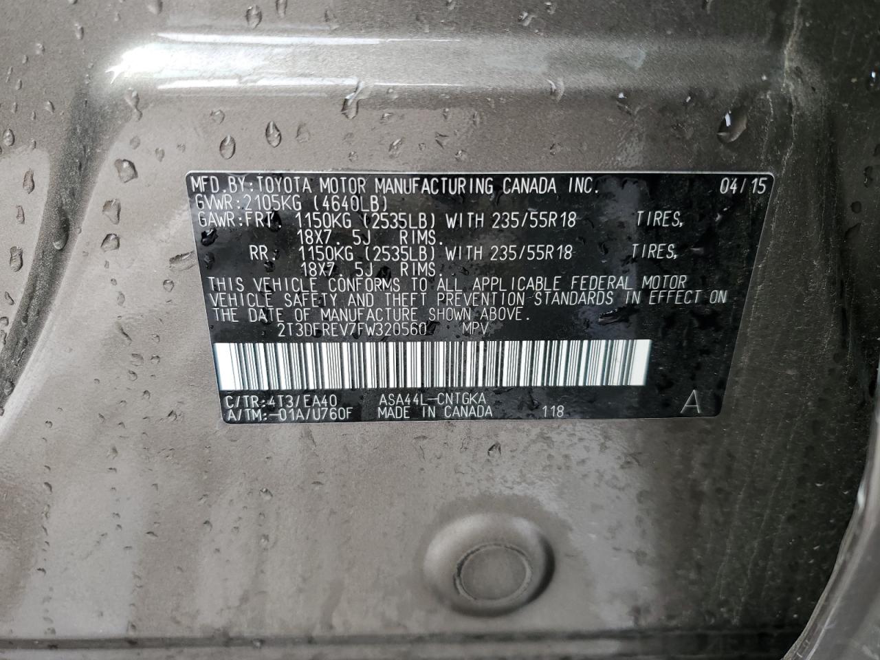 2015 Toyota RAV 4 VIN 2T3DFREV7FW320560 Copart auction photo, front end damage thumbnail 14