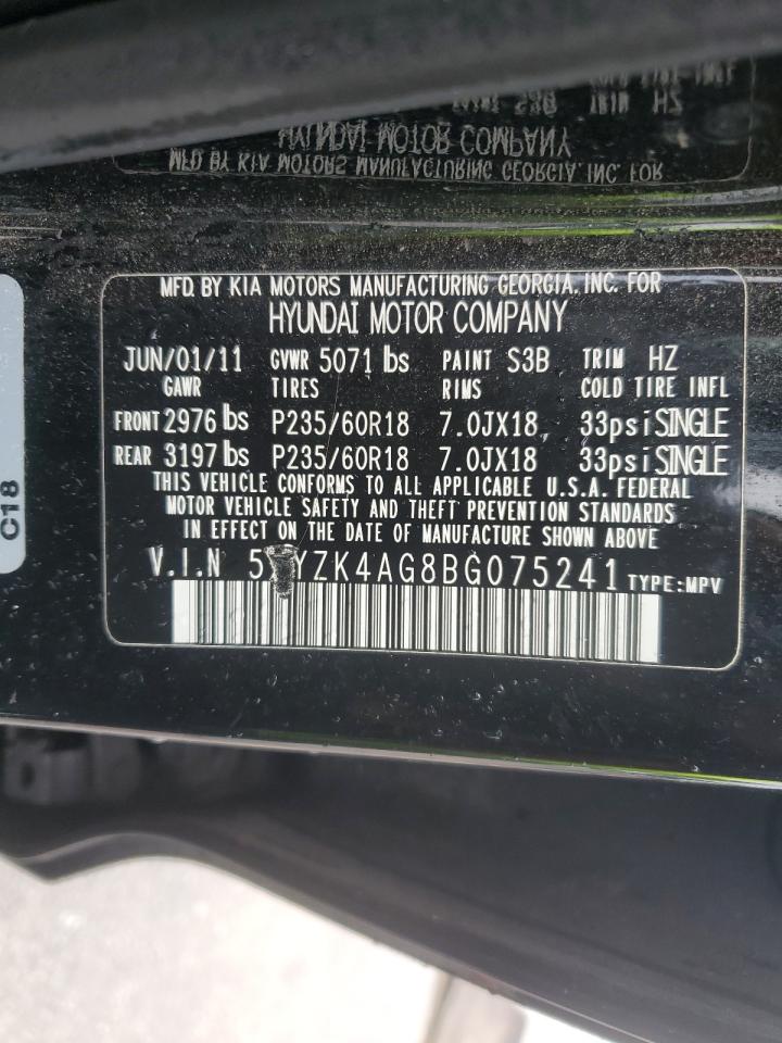 2011 Hyundai Santa Fe VIN 5XYZK4AG8BG075241 Copart auction photo, front end / side damage thumbnail 13