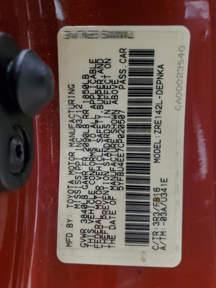 2012 Toyota Corolla VIN 5YFBU4EE7CP020507 Copart auction photo, water/flood / top/roof damage thumbnail 12