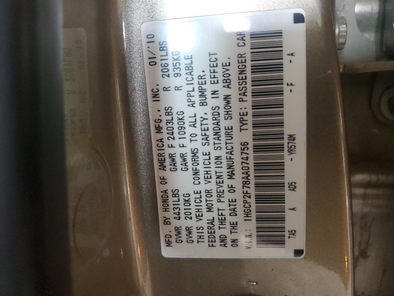 2010 Honda Accord VIN 1HGCP2F78AA074756 Copart auction photo, front end / side damage thumbnail 14