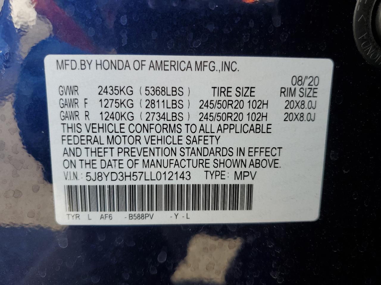 2020 Acura MDX VIN 5J8YD3H57LL012143 Copart auction photo, front end / side damage thumbnail 13