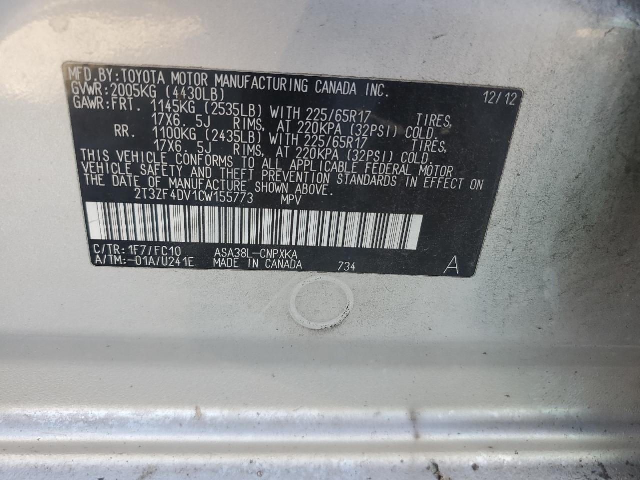 2012 Toyota RAV 4 VIN 2T3ZF4DV1CW155773 Copart auction photo, front end / minor dent/scratches damage thumbnail 13