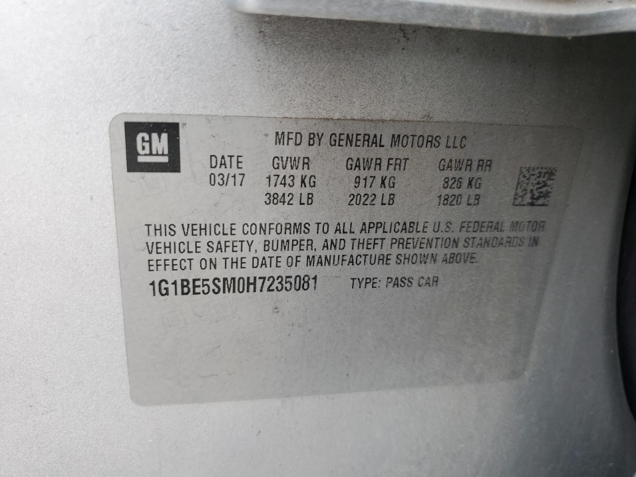 2017 Chevrolet Cruze VIN 1G1BE5SM0H7235081 Copart auction photo, rear end / side damage thumbnail 15