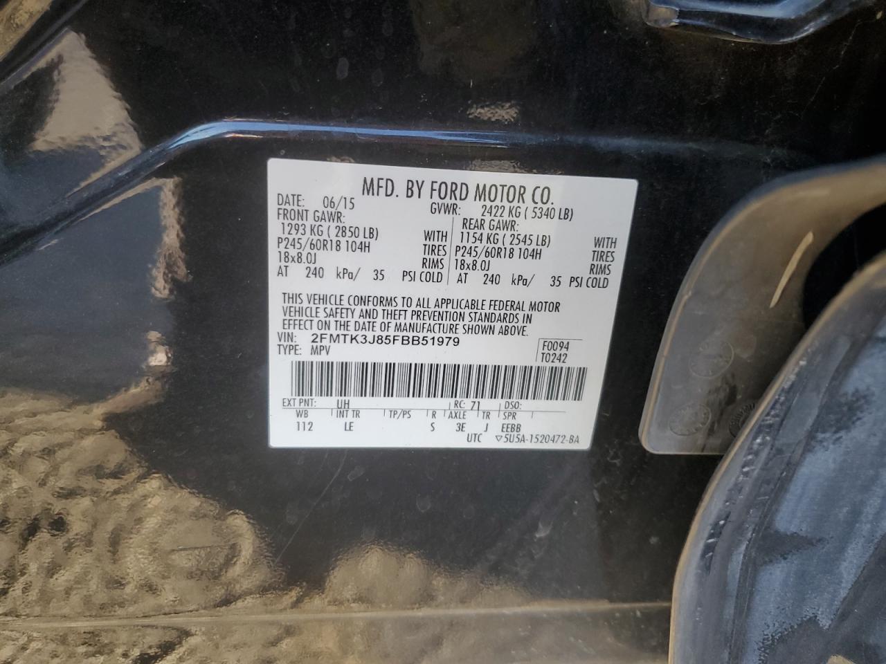 2015 Ford Edge VIN 2FMTK3J85FBB51979 Copart auction photo, front end damage thumbnail 15