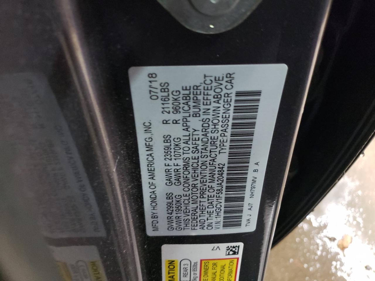 2018 Honda Accord VIN 1HGCV1F58JA204842 Copart auction photo, side damage thumbnail 12