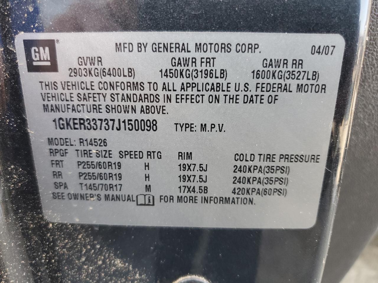 2007 GMC Acadia VIN 1GKER33737J150098 Copart auction photo, top/roof / rear end damage thumbnail 13