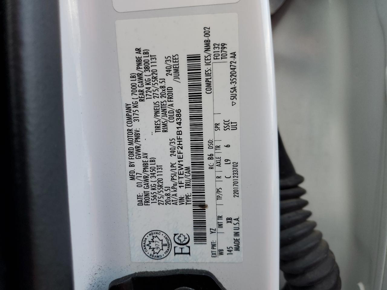 2017 Ford F-150 VIN 1FTEW1EF2HFB14386 Copart auction photo, front end / rear end damage thumbnail 12