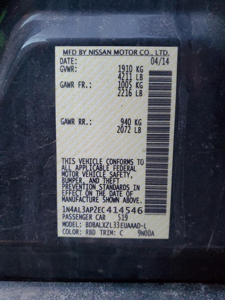 2014 Nissan Altima VIN 1N4AL3AP2EC414546 Copart auction photo, front end damage thumbnail 13