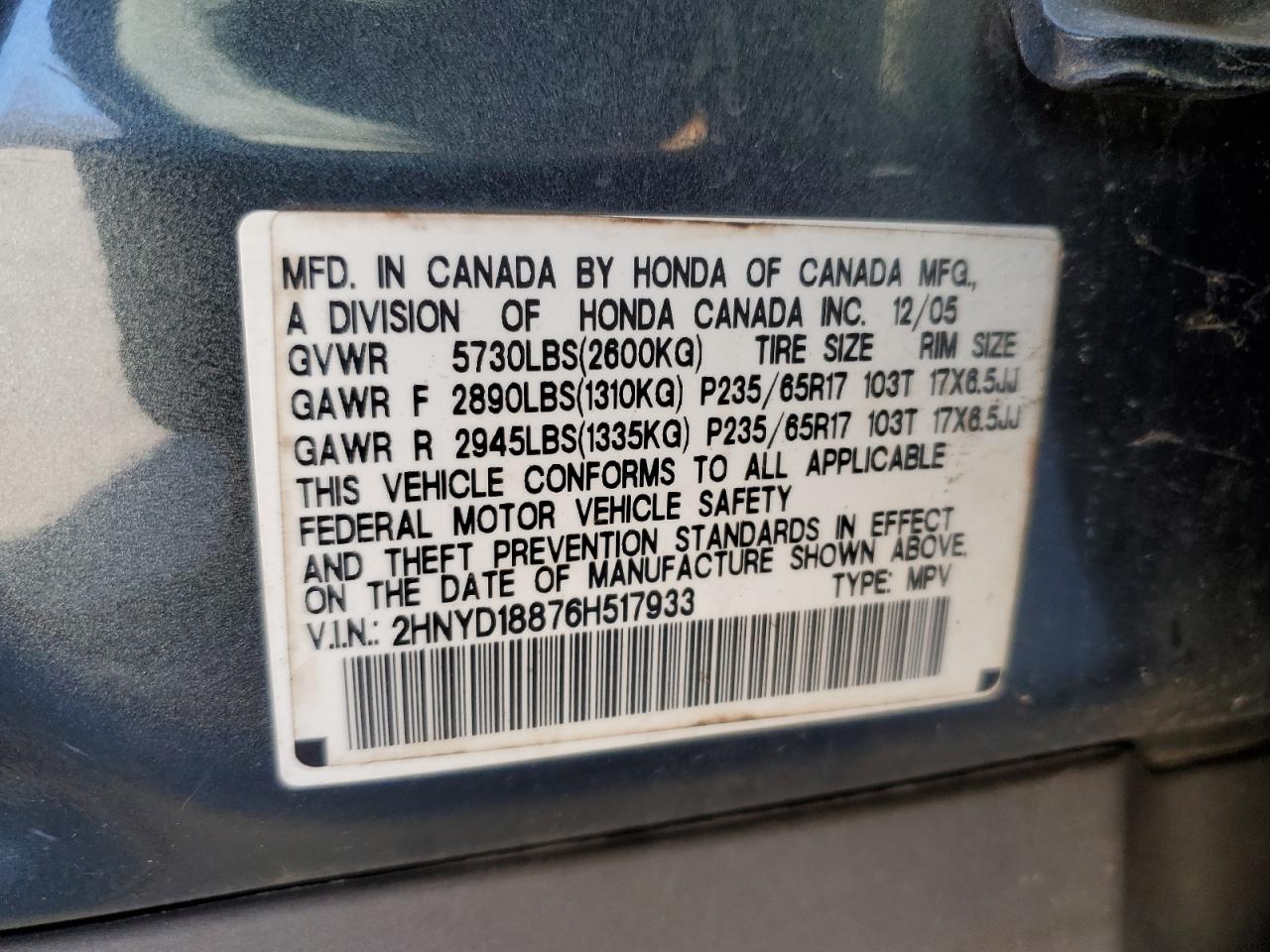2006 Acura MDX VIN 2HNYD18876H517933 Copart auction photo, side / rear end damage thumbnail 13